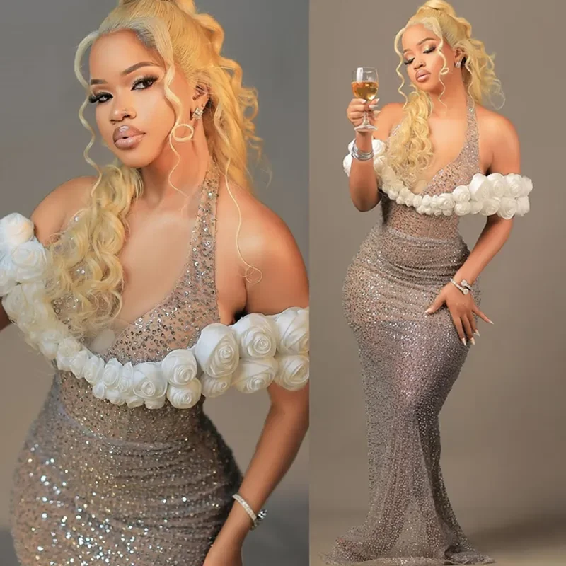 

Customized Luxury Mermaid 3D Lace Flower Women's Evening Dress Sexy V-neck Bareback Formal Occasion Second Reception Ball Dress