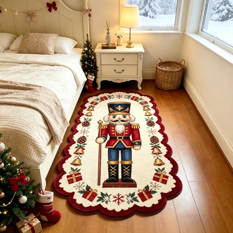 Nutcracker Soldier Christmas Runner Rug Soft Plush Xmas Floor Mat Bell Pine Cone Gift Print For Bedroom Seasonal Styling