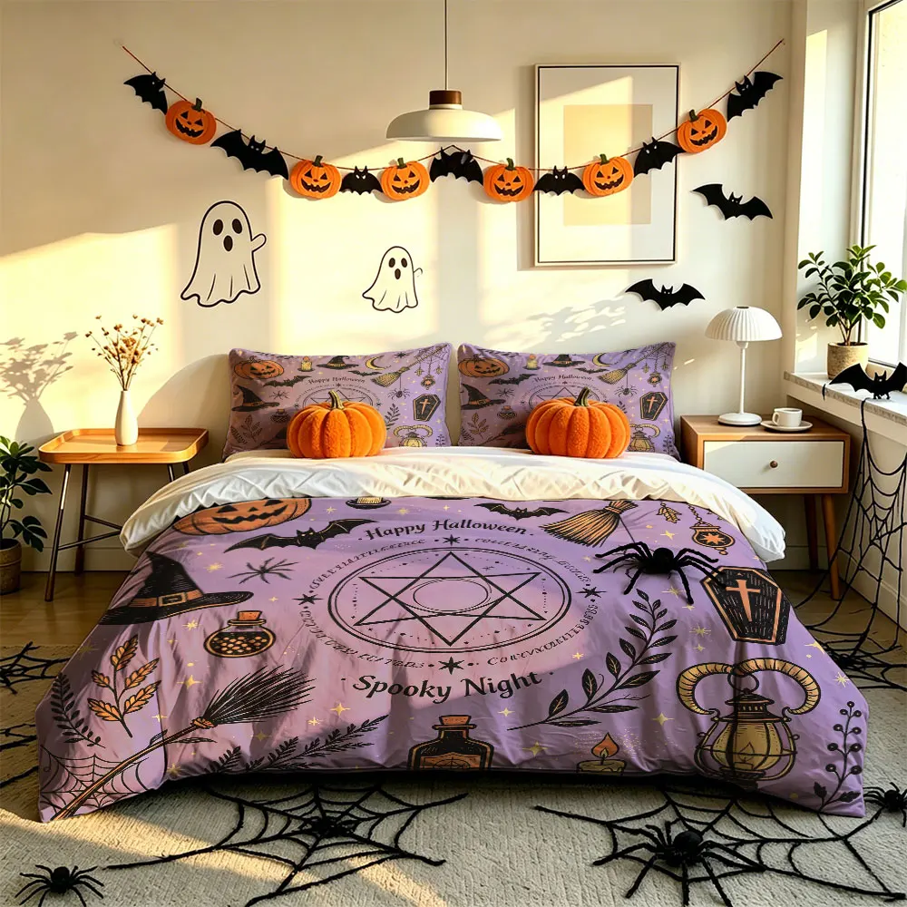 3PCS Halloween witch pumpkin bat six-pointed star bedding set without filling multiple sizes soft gift bedroom decoration