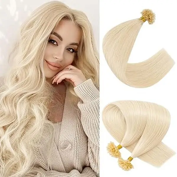 

U Tip Hair Extensions - Real Human Hair Pre-Bonded Keratin Hot Fusion Extensions - Platinum Blonde Straight Silky Hair