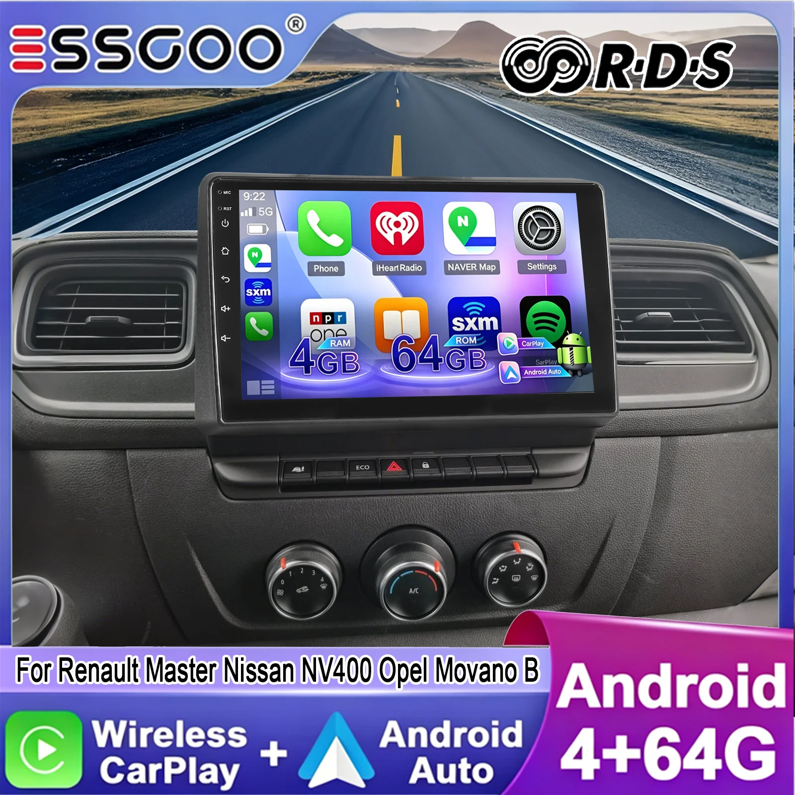ESSGOO Android 15 4GB+64GB Autoradio GPS-Navi für Renault Master III Opel Movano B Nissan NV400 Wireless Carplay Android Auto FM BT WiFi RDS SWC 10"