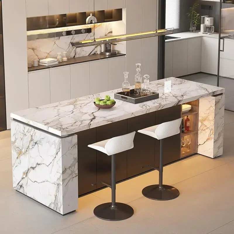 

Luxury Marble Kitchen Island Dining Table Custom Modern Bar Countertop Integrated Home Furniture High-End Open Kitchen Design