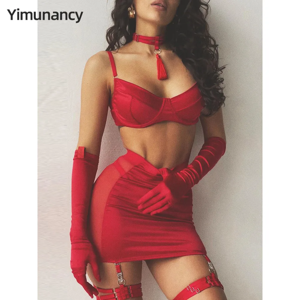 Yimunancy-Conjunto de lencería Sexy para mujer, Set de ropa interior de 5 piezas con gargantilla y borla, Kit de Liga