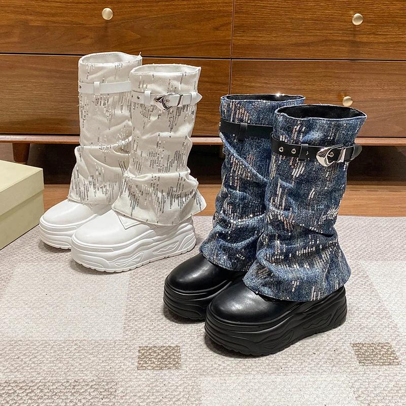 

Women's 7.5cm Hidden Heel Knee-High Boots Ultra High Thick Sole White Sneakers Buckle Strap Closure Slimming Tall Elevating