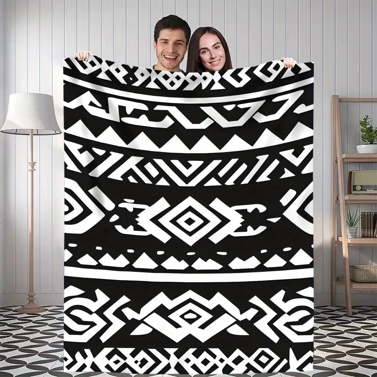 

1 шт. Черно-белое одеяло с геометрическим узором, полиэфирная ткань, можно стирать в машине, подходит для дома, офиса и кемпинга.