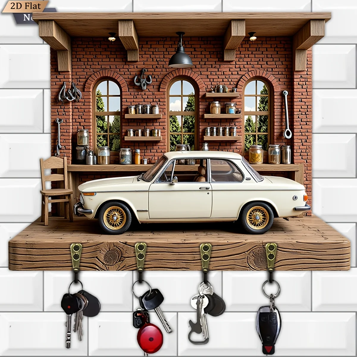 2D flach, 1 Stück, Schlüsselhaken im Vintage-Themenstil, multifunktionaler Hausschlüsselanhänger aus Holz, mit vier Metallhaken, Wanddekoration, Veranda