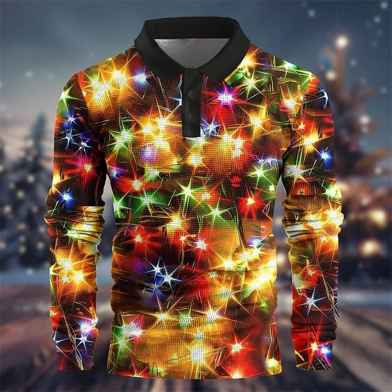 3D Print Men's Christmas Light Graphic Polo Shirts Long Sleeve Party New Years Polo Shirts Mens Button Collar Tees