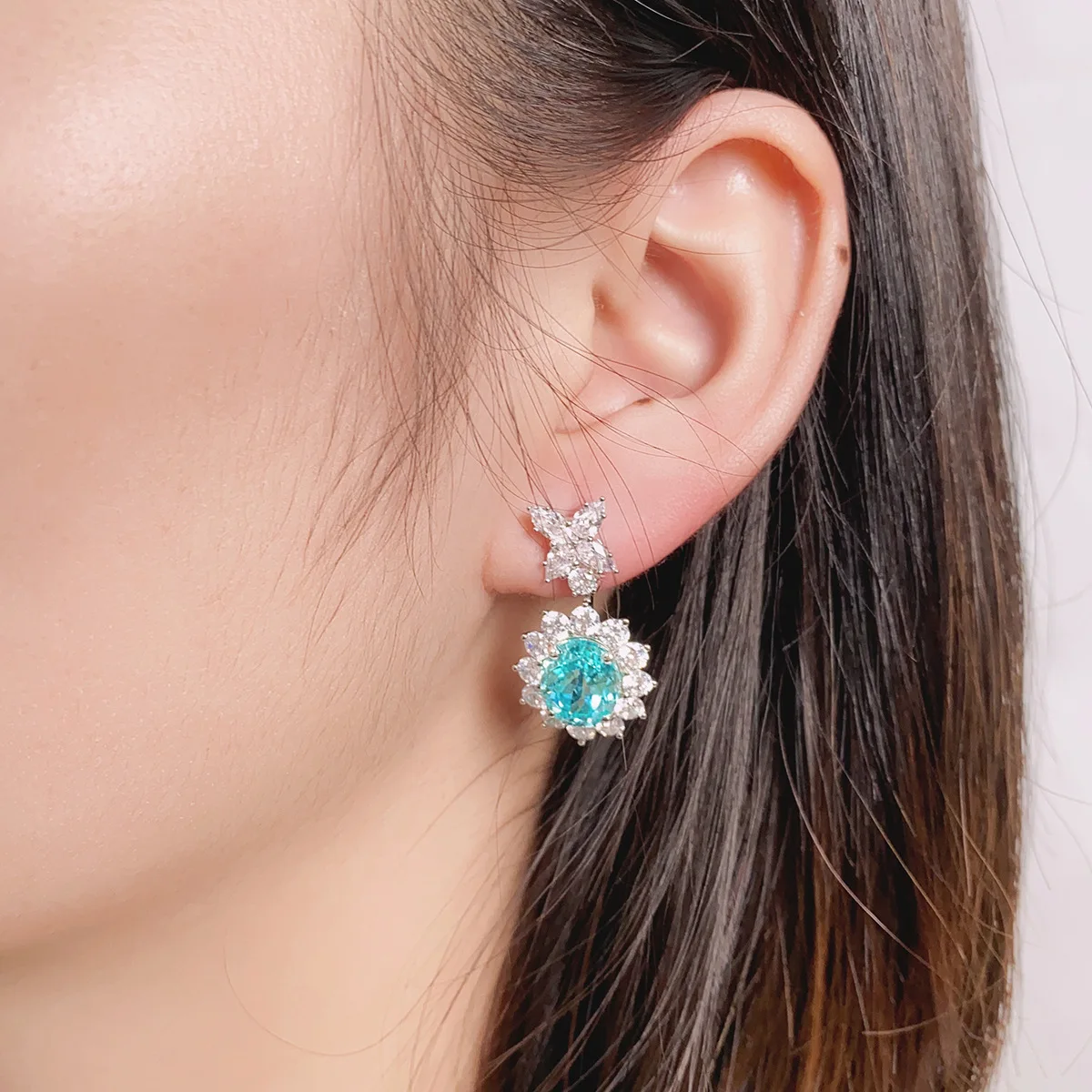 Elegant Star Zircon Double Halo Dangle Earrings S925 Silver Oval 9*11mm Lab Paraiba Color YAG Banquet Women Earring