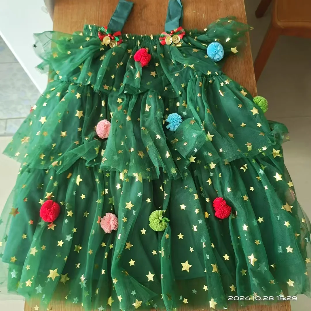 Baby Girls Christmas Tree Dress Sling Star Sequined Mesh Vestidos Layered Tulle Cake Dress with Plush Ball 1-6Y