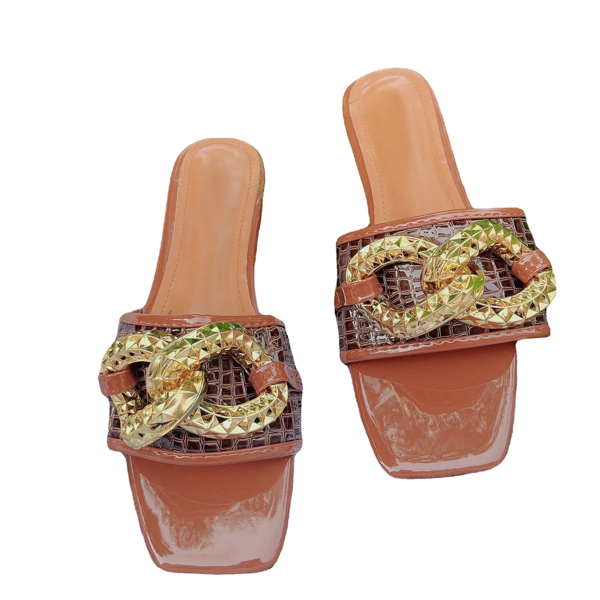 Luxury Brand Summer New Slippers for Woman Fashion Retro Flats Shoes Woman Metal Button Square Head Slides for Woman Slippers