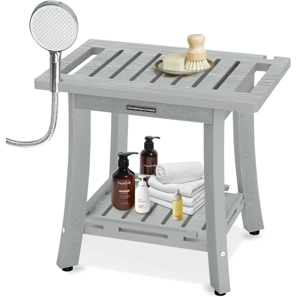 

Waterproof Shower Bench Stool with Storage Shelf Heavy Duty 400LBS Capacity for Indoor Outdoor Bathroom Use