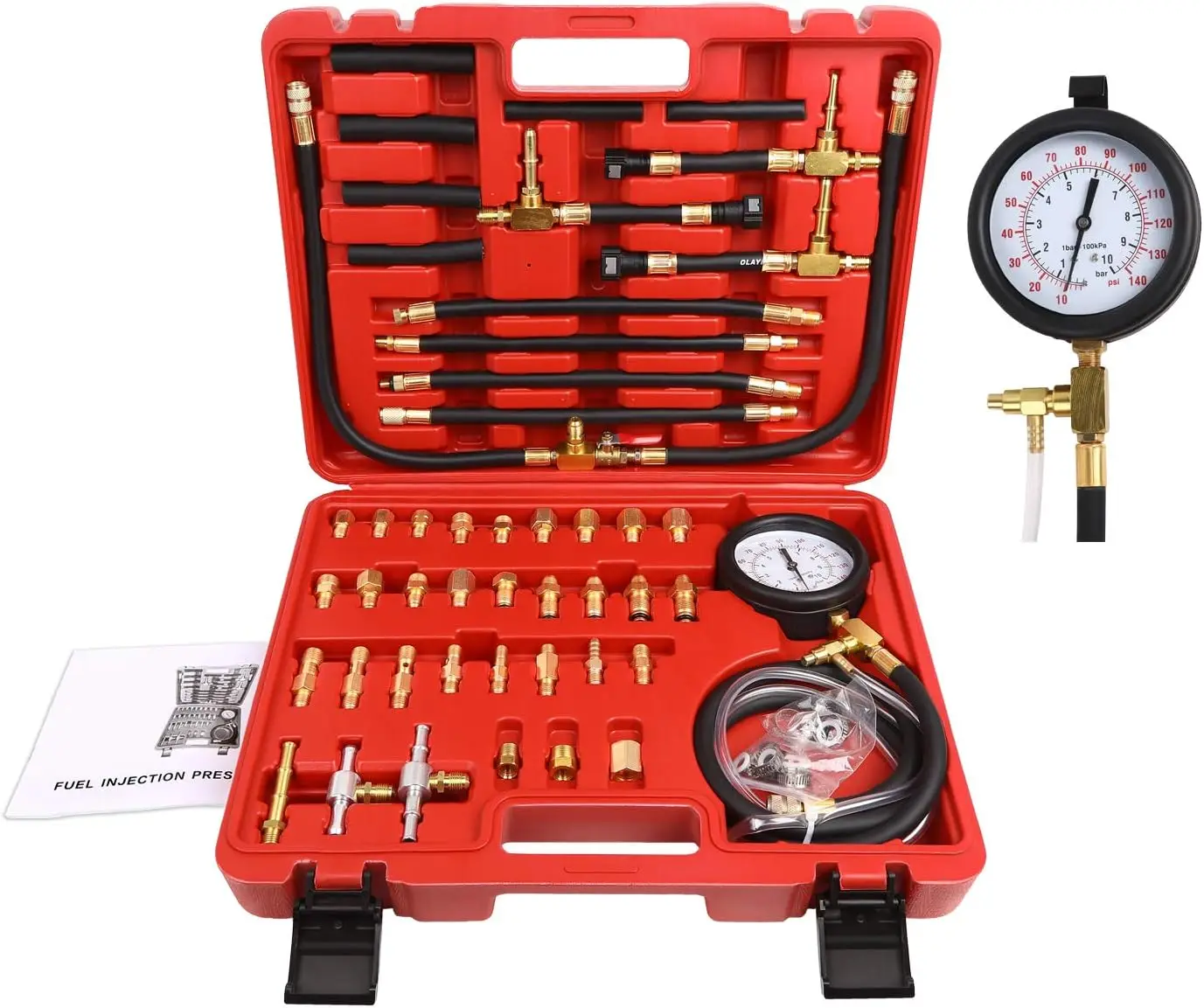 Pro Fuel Injection Pressure Tester Kit Gauge 0-140 PSI with 9.49,7.89,6.30 Fuel Line Fittings