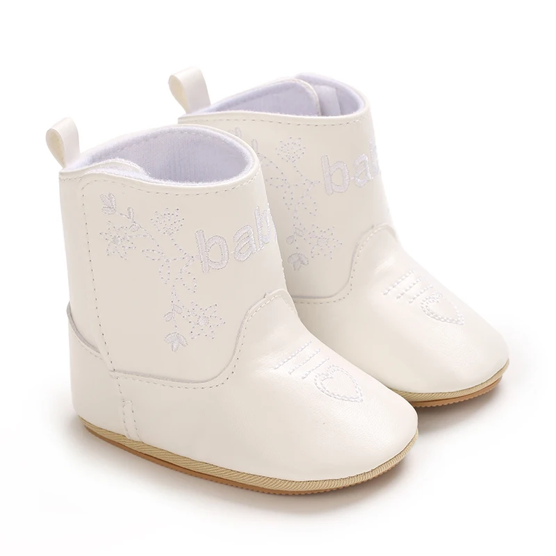 Infant Pre-Walker Shoes 0-18M Baby Cowboy Boots, High Top PU Leather Embroidered Footwear for Boys Girls