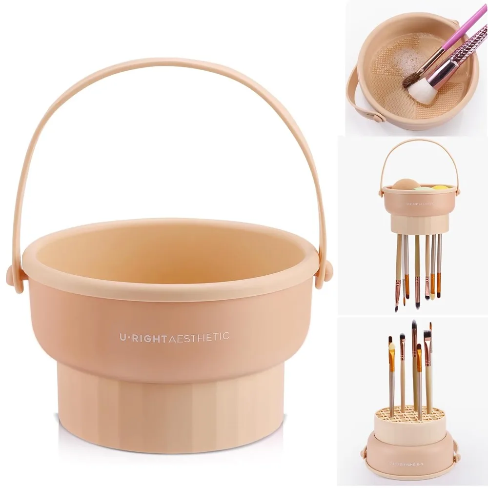 Alfombrilla de silicona 3 en 1 para limpieza de brochas de maquillaje con cuenco de lavado desmontable para limpieza profunda, secado y organizador de almacenamiento, superficie texturizada antideslizante para brochas de base, colorete y sombra de ojos, color caqui, profesional