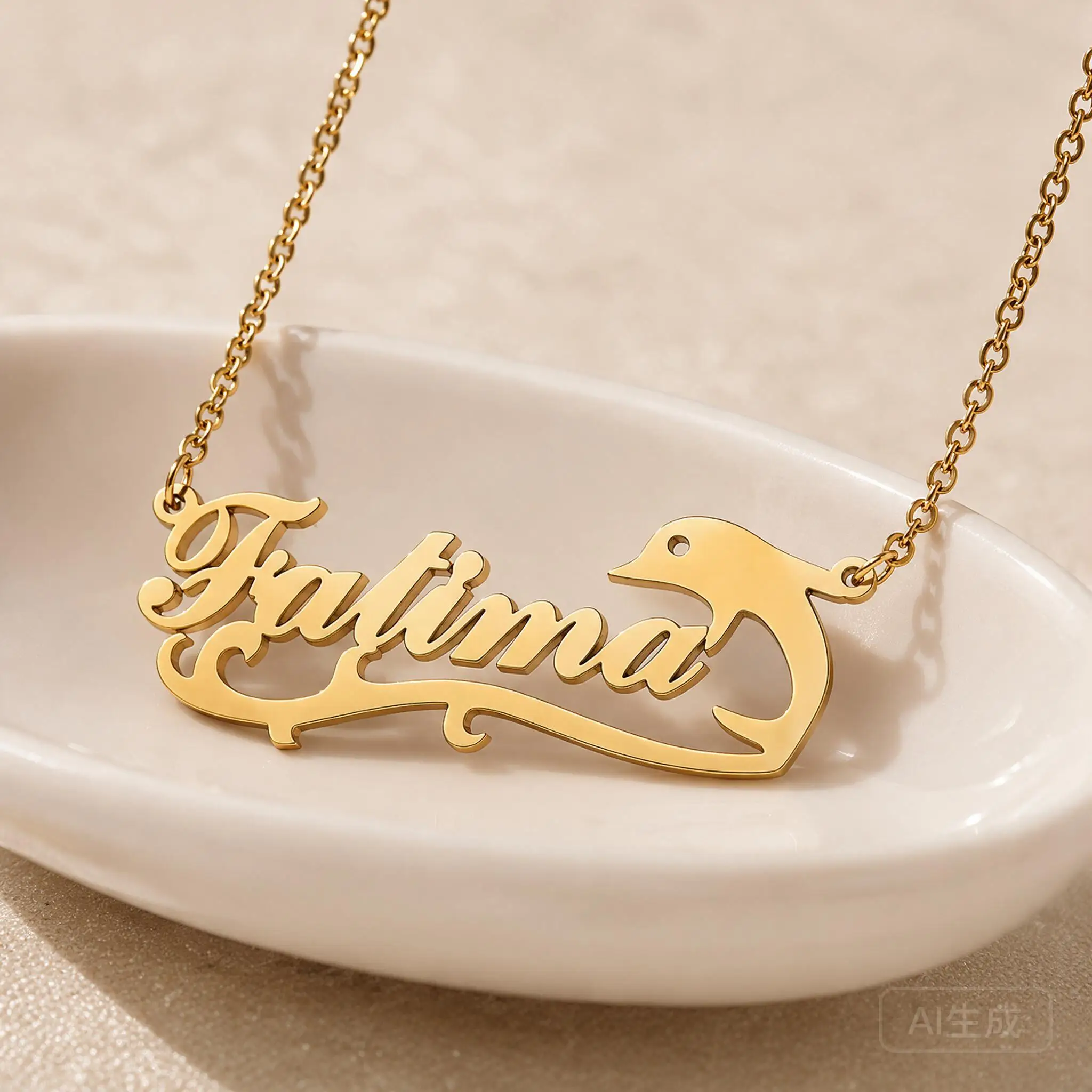 Luxury Personalized Dolphin Name Necklace Stainless Steel O Chain Waterproof Fade Resistant Gold Rose Gold Luxury Name Pendant