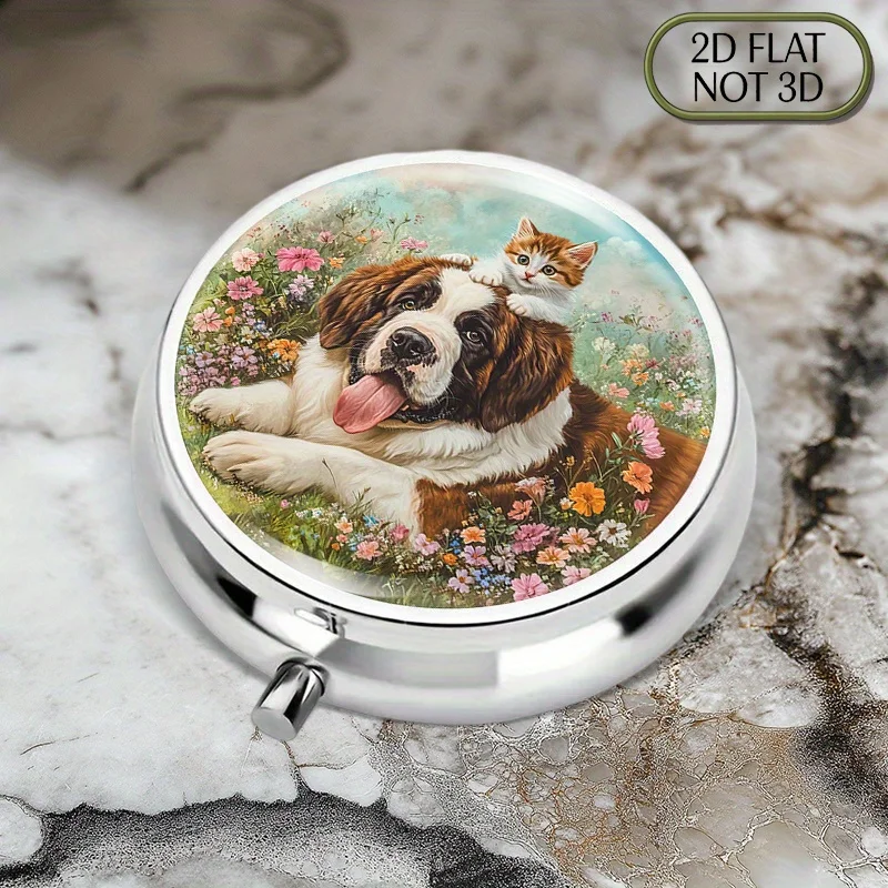 1 portable metal pill box, suitable for travel use - designed with a Saint Bernard and kitten pattern, used for storing medicines, supplements, vitamins, and medications (suitable for carrying around), flat design