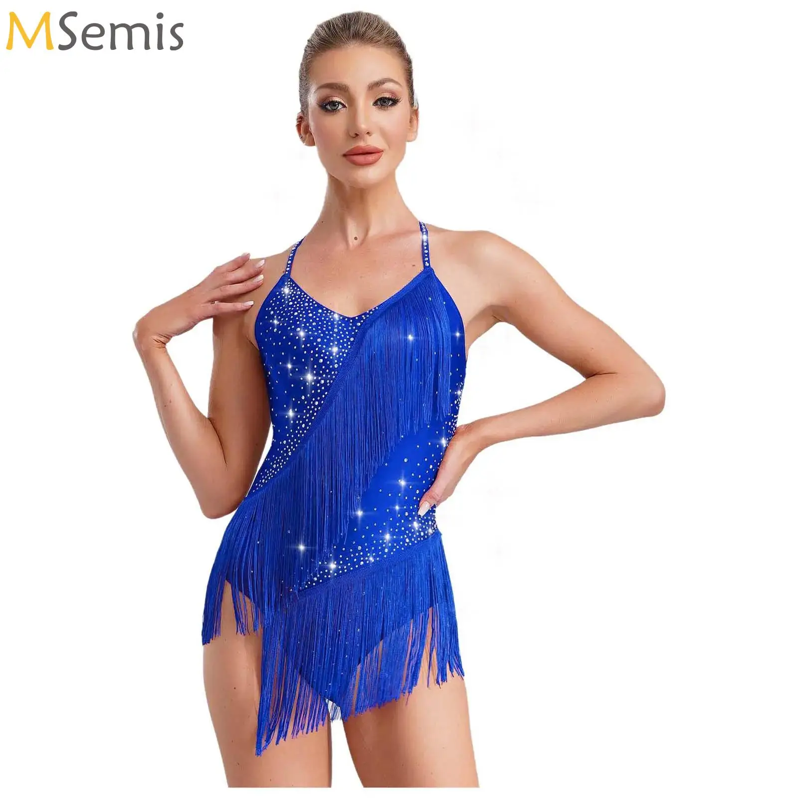 

Women Latin Dance Performance Competition Costume Sleeveless Rhinestones Tassels Leotard Adult Figure Skating Ballet Dance Dress