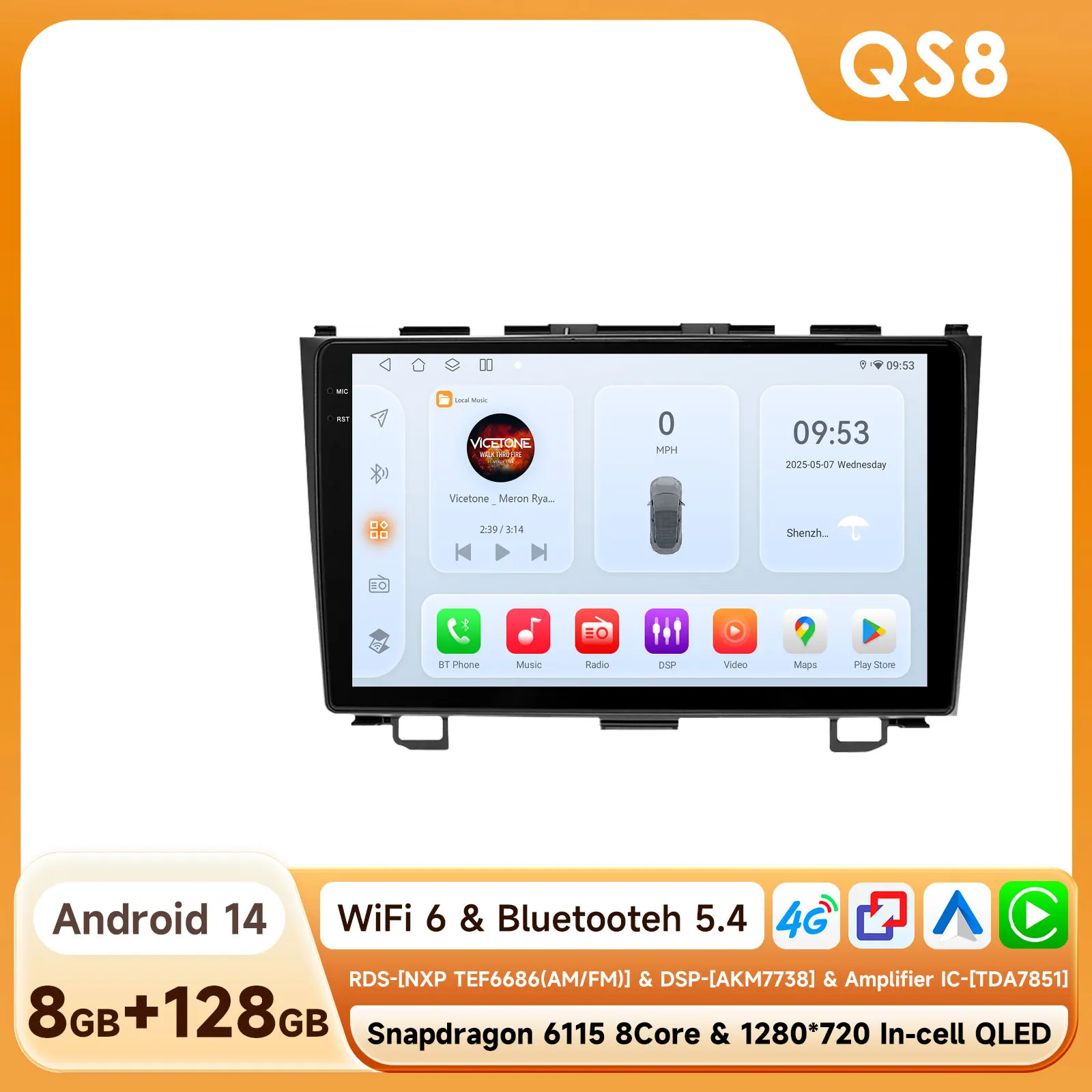 9 "Algpo 2Din Android14 Autoradio voor Honda CRV CR-V 2007-2011 4G BT CarPlay Android Auto RDS DSP GPS Snapdragon 6115 360 ° CAM