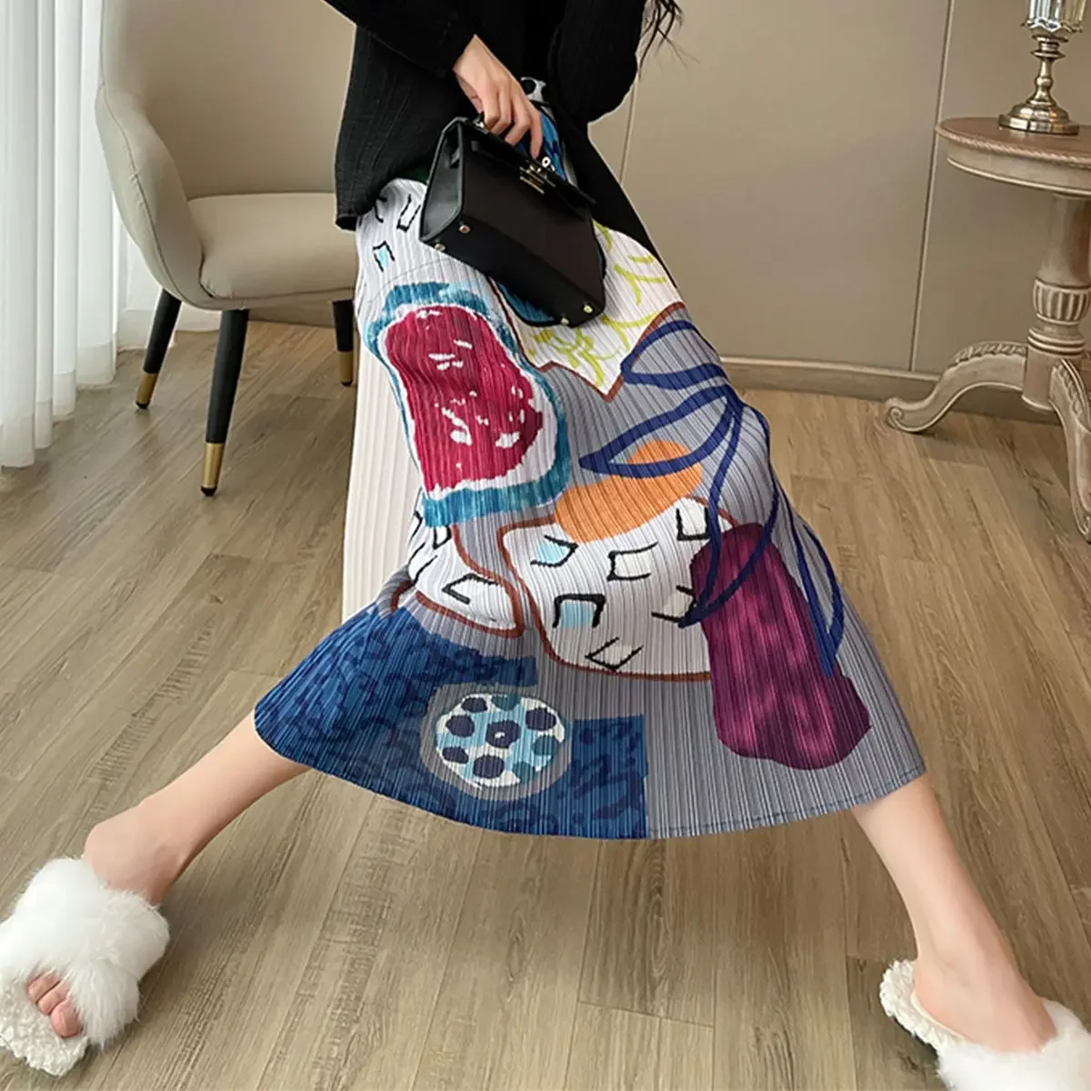 Summer Pleated Half Skirt with 100 Pleats Graffiti Fashion Wrap Buttocks Skirt Half Korean Style Long Skirt