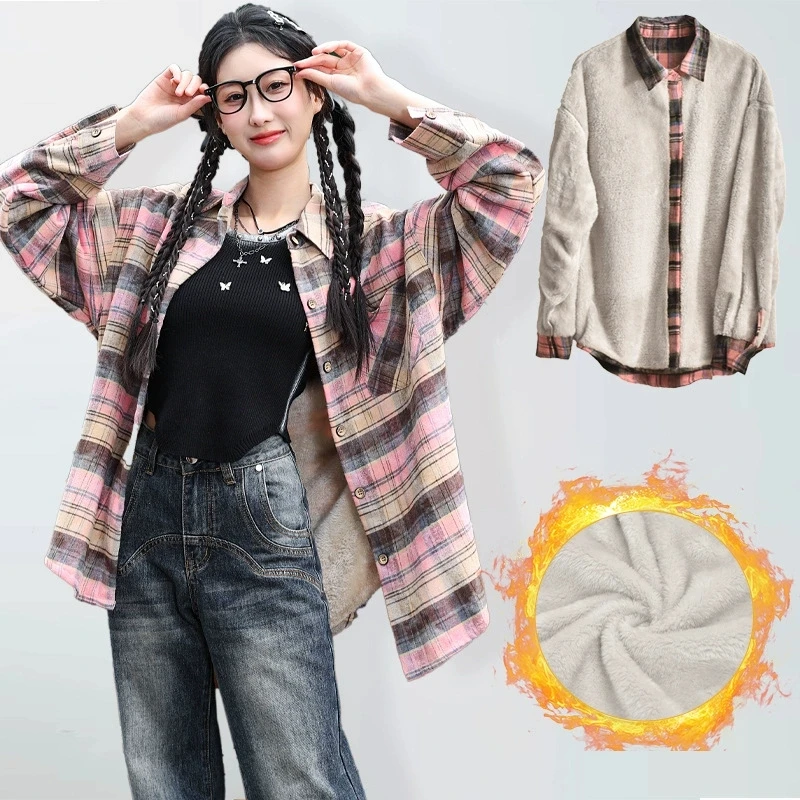 

Harajuku большая клетчатая рубашка женская осень-зима плюс бархатная утепленная теплая рубашка верхняя одежда модная уличная одежда Y2K контрастная блузка