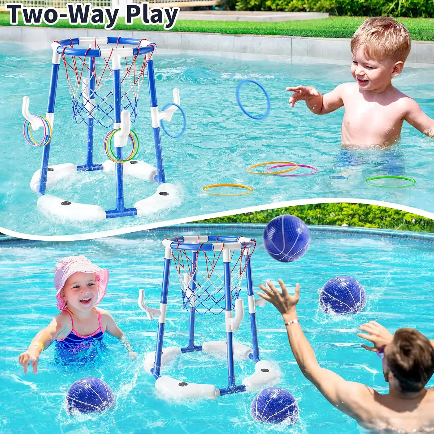 Aro de baloncesto flotante dos en uno para piscina, juego de baloncesto acuático al aire libre, adecuado para la familia, juguete de baloncesto acuático al aire libre