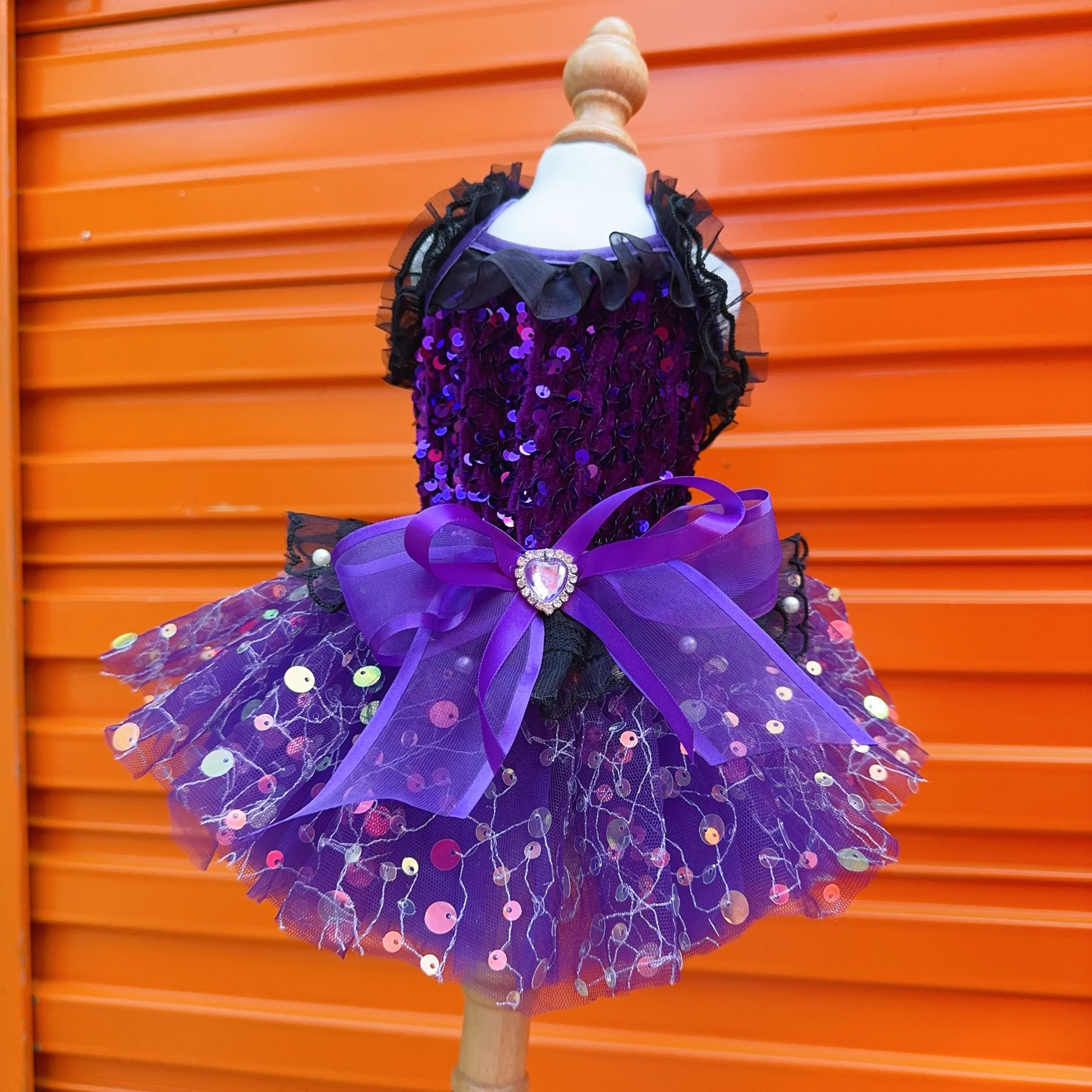 Luxury Purple Sequin Pet Dog Clothes Handmade Fashion Crystal Lace Bow Sling Dresses For Small Medium Dog Chihuahua Poodle Skirt