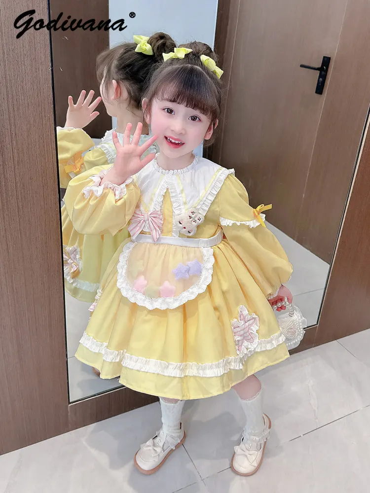 2026 Spring and Summer New Baby Girls Cute Star Rabbit Lolita Dress Kids Bow Lapel Ruffle Trim Puff Sleeve Tutu Princess Dress