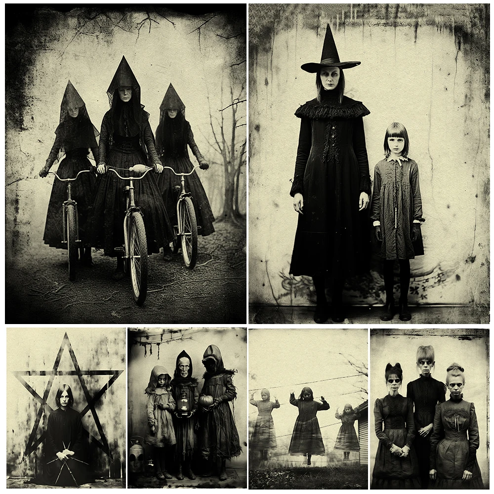Vintage Pagan Witch Photo,Wall Art Canvas Painting,Cemetery Carnival, Horror Gothic Photography Art,Poster Print,Home Decoration