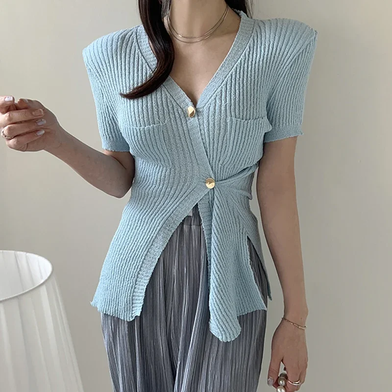 Blue Chic Knitted Tops Women Single-breast  Summer V-neck Streetwear Sweater Ladies Korean Fashion Pink Y2k Tops Female