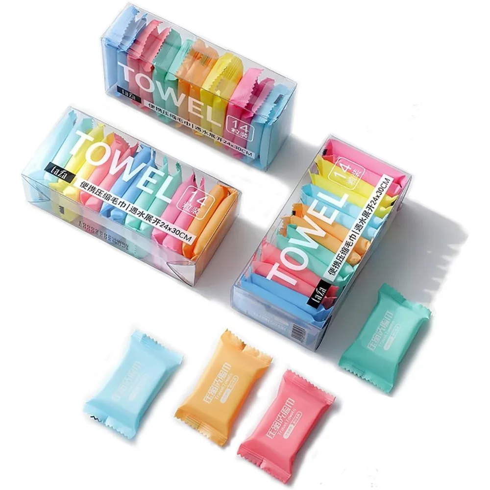 

14 Pack Compressed Cotton Travel Towels Multi Use Portable Disposable 9x12 Inch