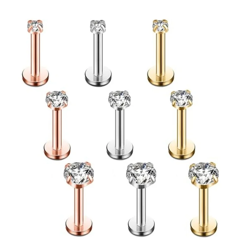 9PCS 16G 2mm 3mm 4mm Clear Cubic Zirconia Labret Monroe Lip Ring Tragus Helix Earring Stud Barbell Piercing Jewelry