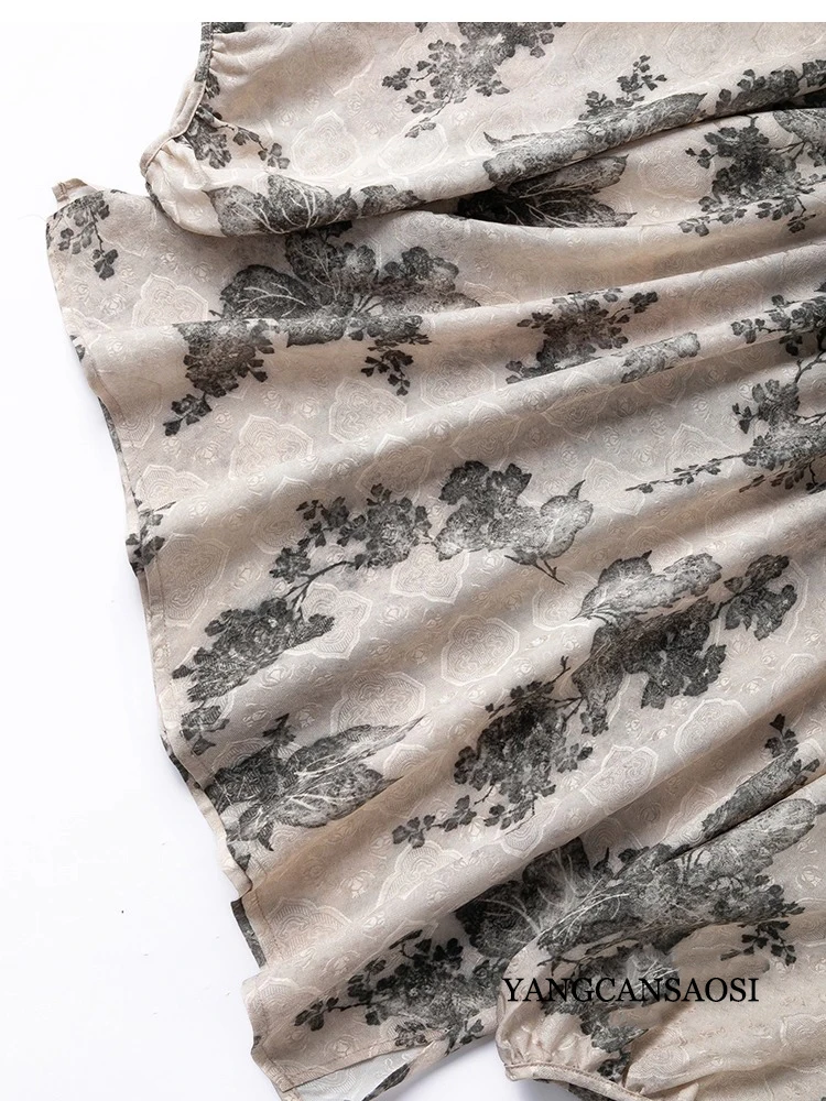 Damska odzież z nadrukiem atramentowym, 19MM, 100% naturalny jedwab morwowy, żakardowa satyna HuaLuo, okrągły dekolt, rękawy typu latarnia, luźna koszulka z długim rękawem.