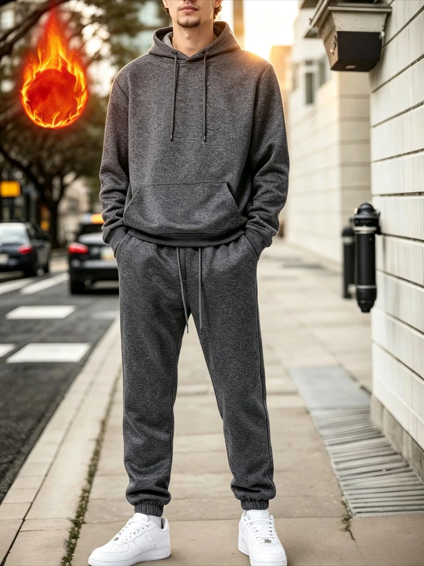 Chándal para hombre gris jaspeado con capucha y cremallera completa, forro polar cálido, pantalón jogger con cordón elástico y puños acanalados, bolsillo frontal tipo canguro.