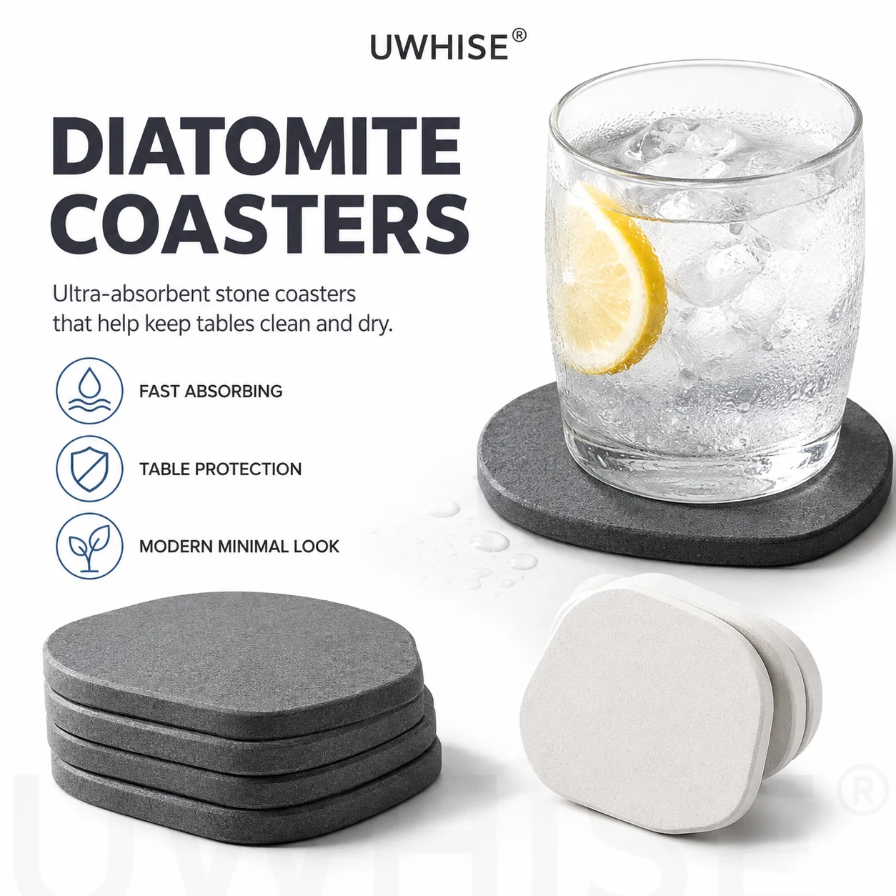 Uwhise 4/6 Pack Natural Diatomaceous Earth Coasters Super Absorbent Quick Dry Stone Cup Mat For Iced Coffee and Small Plant Pot