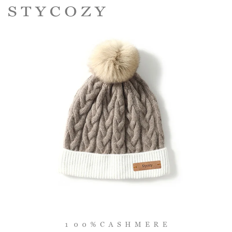 100%Cashmere Pom Poms Caps Winter Hat Women 3D Twisted Knitted Beanie Female Thicken Contrast Ribbed Cuff Lightweight Skull Cap