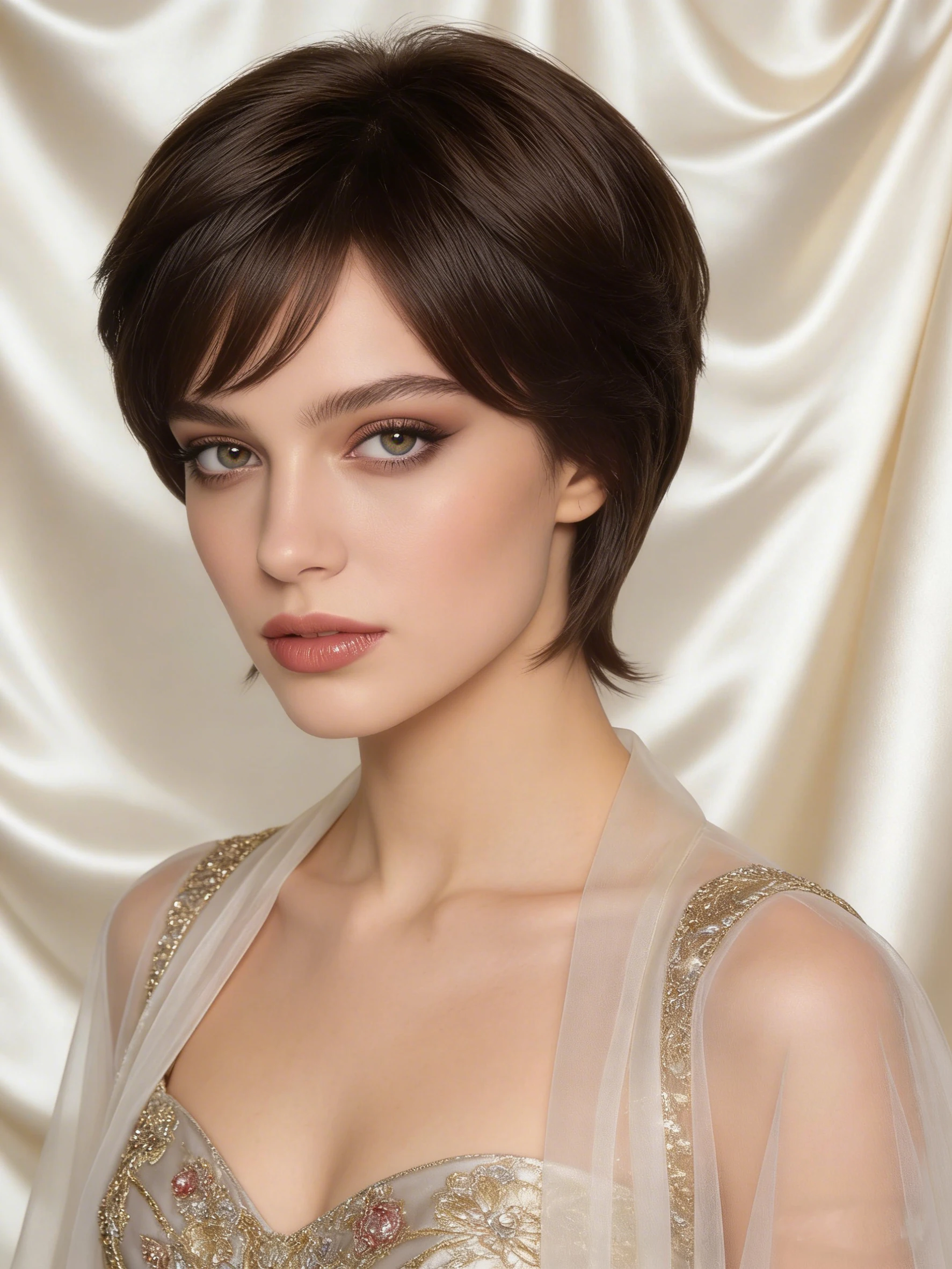 

1 женский парик, выполненный из термостойкого синтетического высокотемпературного волокна, с естественным объемным стилем.