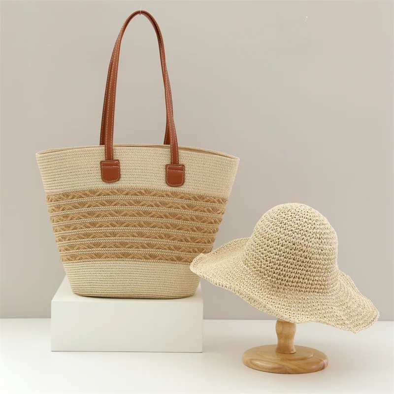 USPOP Two-pieces Hand Crocheted Straw Hat Bag Set Casual Stylish Beach Large Capacity Tote Bag Foldable Wide Brim Straw Sun Hat