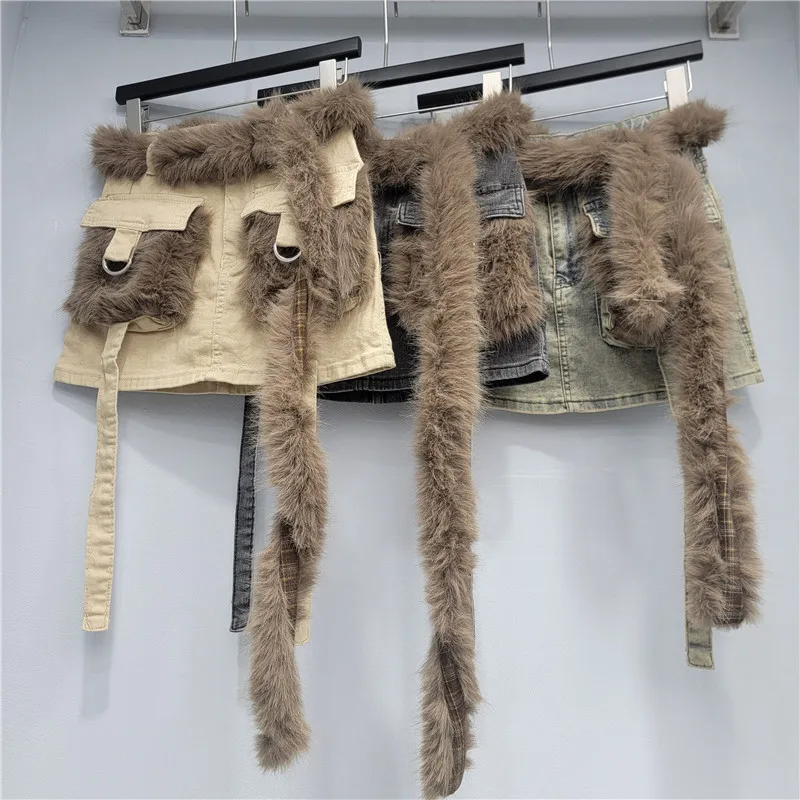 

American Style Spicy Girl Fur Stitching Denim Short Skirt for Women, Autumn Winter Slimming Stretchy Bodycon A-line Skirt Trendy