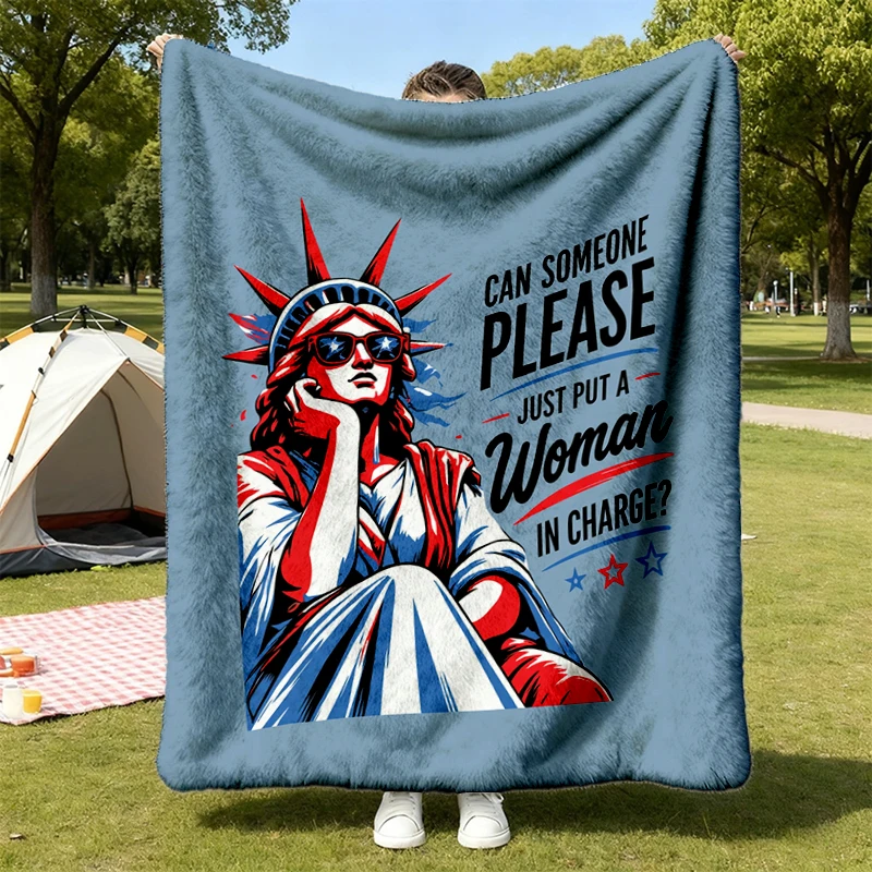 Can Someone Please Just Put A in Charge Flannel Throw, Funny Feminist Cozy Blanket, Patriotic Flannel Blanket, Statue of
