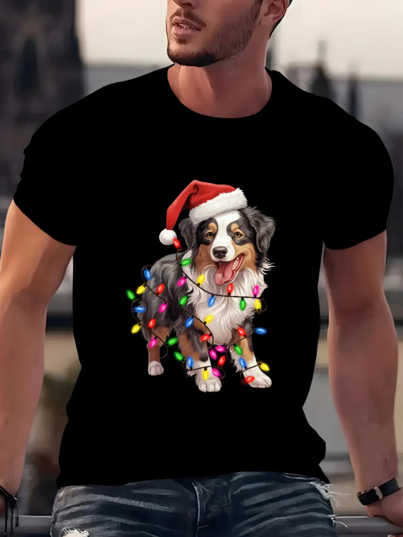 

Australian Shepherd Dog Christmas Lights Graphic Tee Men's Breathable Short Sleeve T-Shirt Casual Summer Top