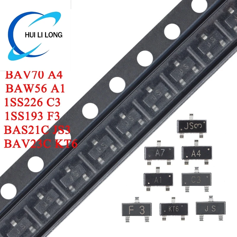 100pcs/lot BAW56 A1 BAV70 A4 BAV99 A7 BAV23C KT6 BAS21C JS3 BAS21 JS 1SS226 C3 1SS193 F3 SOT-23 SMD Switch Diodes