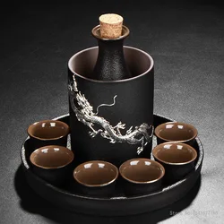 Japanese Style Ceramic Sake Pot Cup Set, Black Pottery Liquor Flask, Wine Bottle Cups Tray, 9Pcs Set