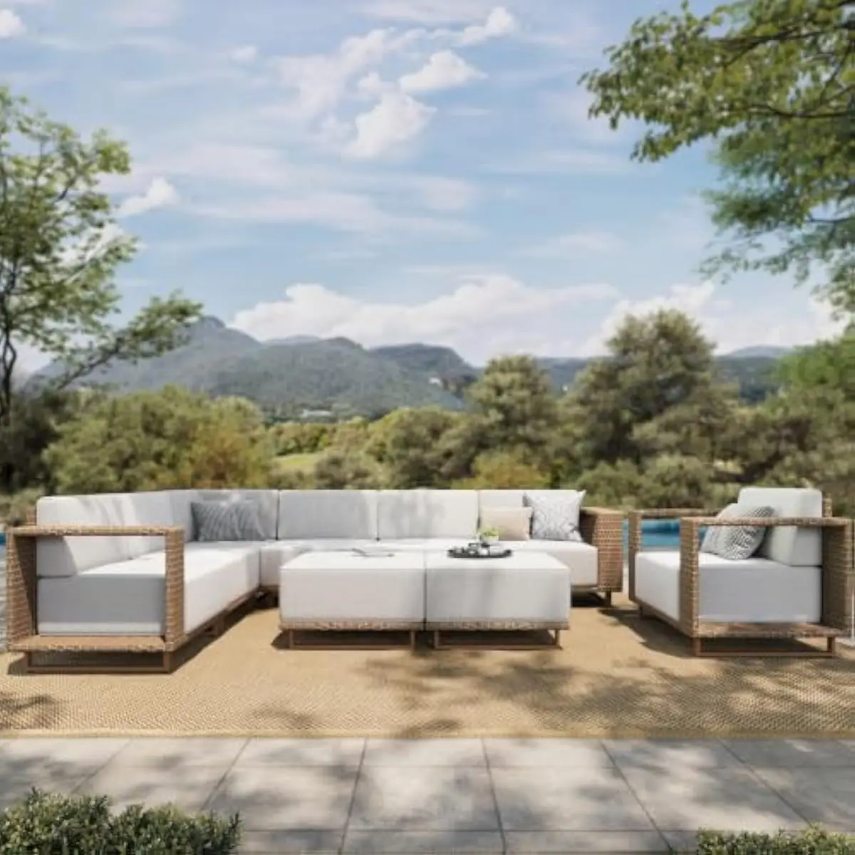 9-Piece Modular Outdoor Sectional with 10-Inch Premium Cushions Beige-L Modern Design Rust-Resistant Frame All-Weather Wicker Ki