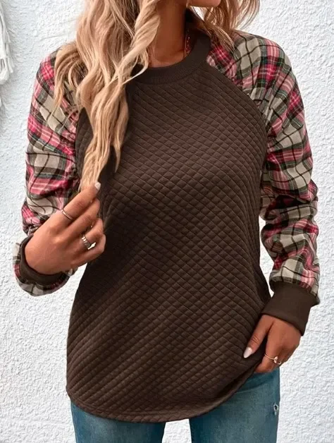 2024 Autumn Women's Checkered Fabric Splicing Checkered Long Sleeve Casual Top