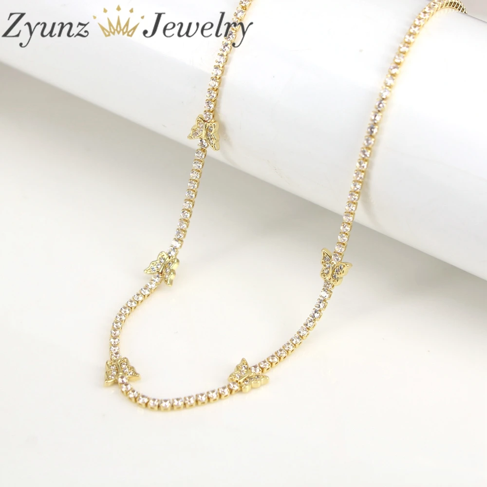 5PCS, Luxury Heart Butterfly Eye Gold Plated CZ Tennis Chain Zircon Paved Crystal Chain Choker Necklace For Women Jewelry