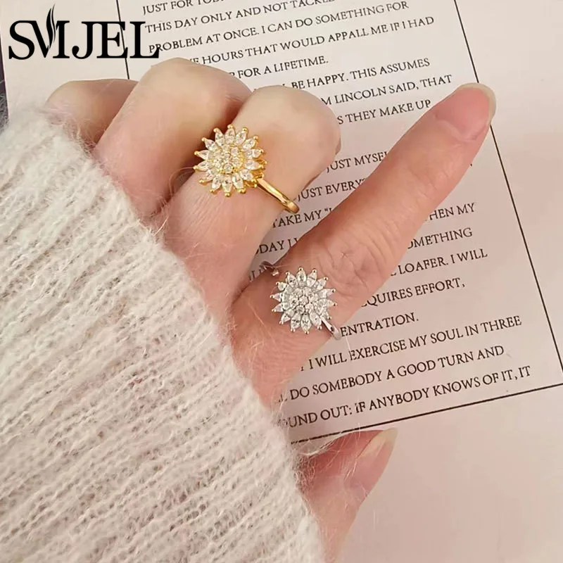 Luxury Crystal Star Moon Anxiety Ring Fidget Spinner Rings for Women Korean Butterfly Sunflower Ring Party Bague Anti Stress image 2