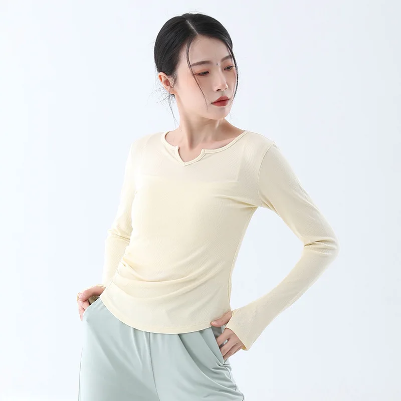 Modern jazz dance training suit top V-neck long sleeve sleeve sleeve finger elastic knitted form training suit basic training