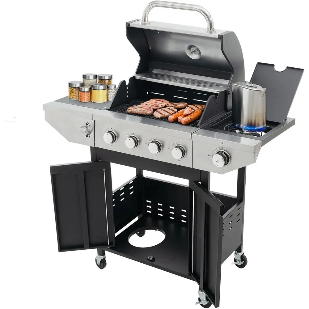 

4-Burner Stainless Steel Propane Gas Grill with Side Burner and Thermometer for Outdoor BBQ, Patio, and Camping, 42,000 BTU Outp