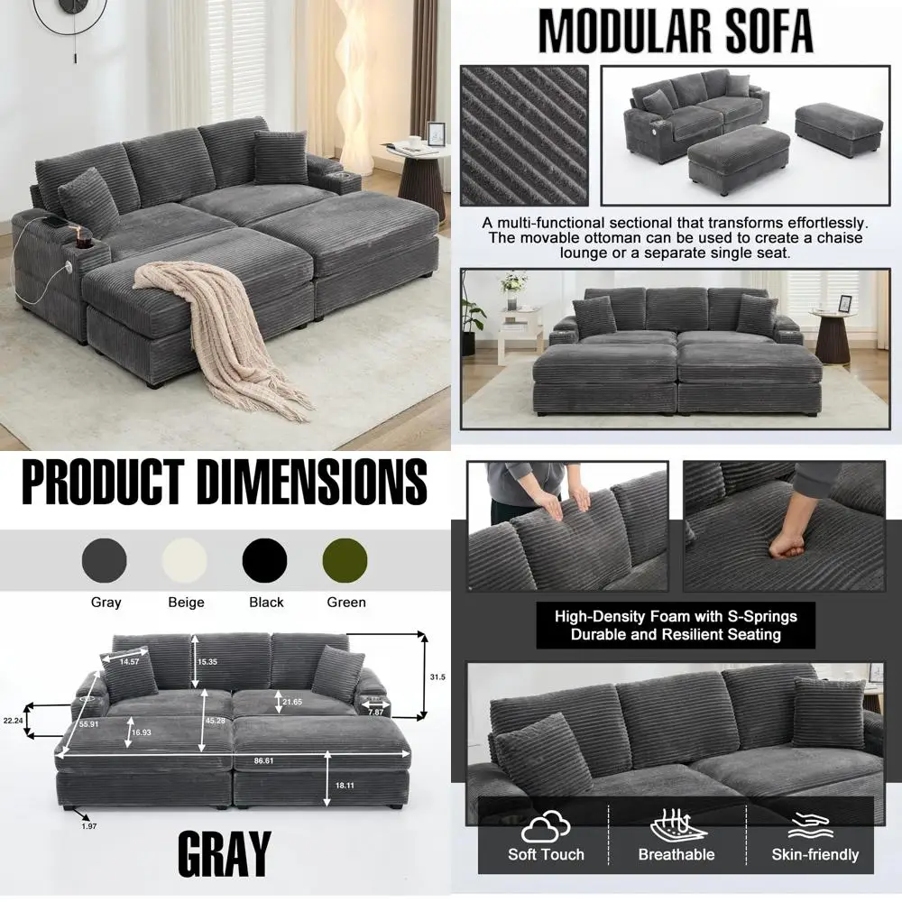 Модульный секционный диван Cloud с двумя пуфиками, удобная вельветовая обивка, раскладной диван с подстаканниками, USB Po