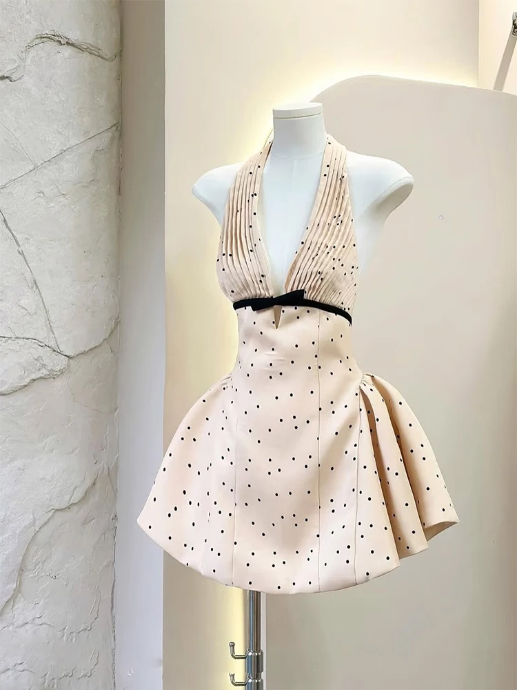 

Retro Polka Dot Halter Backless Dress Women's Summer High Quality Knot Waist Cinching Slimming Skirt Elegant Style